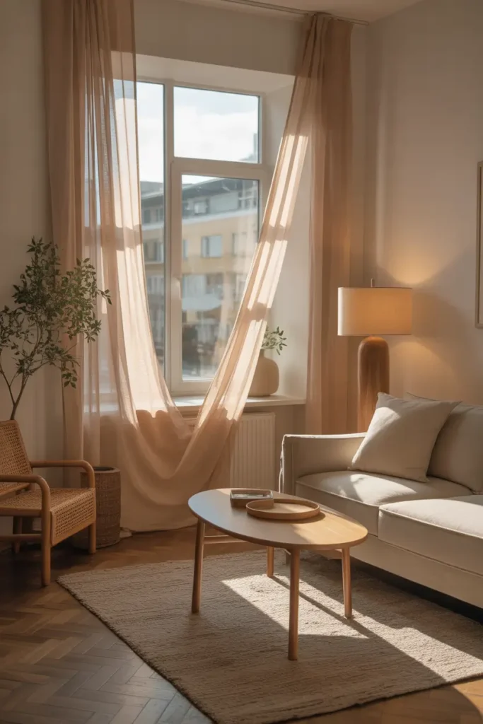 Small apartment living room with sheer curtains flowing near a bright window, warm sunlight diffusing through fabric, neutral decor palette, light wood furniture, cozy minimalist styling