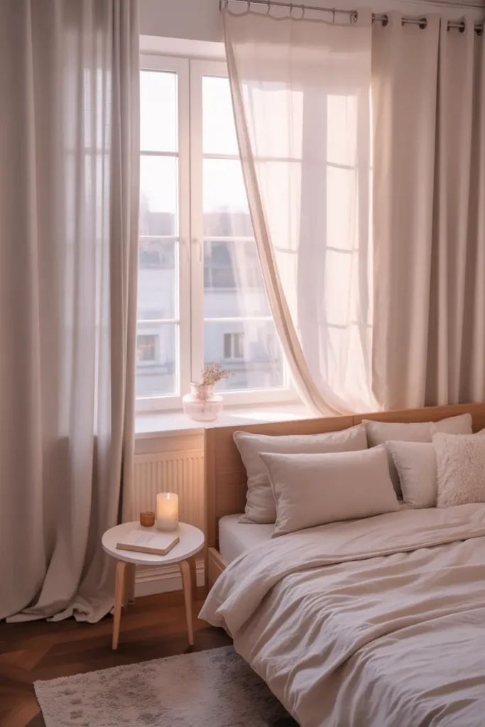 Dreamy feminine apartment bedroom with long sheer white curtains flowing beside large window, soft natural sunlight glowing through fabric, light beige bedding, wooden bed frame, small round bedside table with candle and book, cozy neutral rug, delicate and airy bedroom styling, calm pastel palette, Pinterest aesthetic interior photography with gentle lighting and peaceful feminine atmosphere.