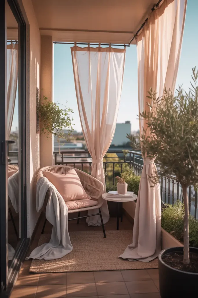 apartment balcony with sheer outdoor curtains in soft ivory tied to a slim black rod, cozy woven chair with blush cushions, small round side table, warm wood floor tiles, light linen throw, potted olive tree, soft morning sunlight, airy city apartment setting, layered textures, romantic and feminine styling, natural shadows, calm private corner with gentle breeze moving fabric, high-end but lived-in home feeling
