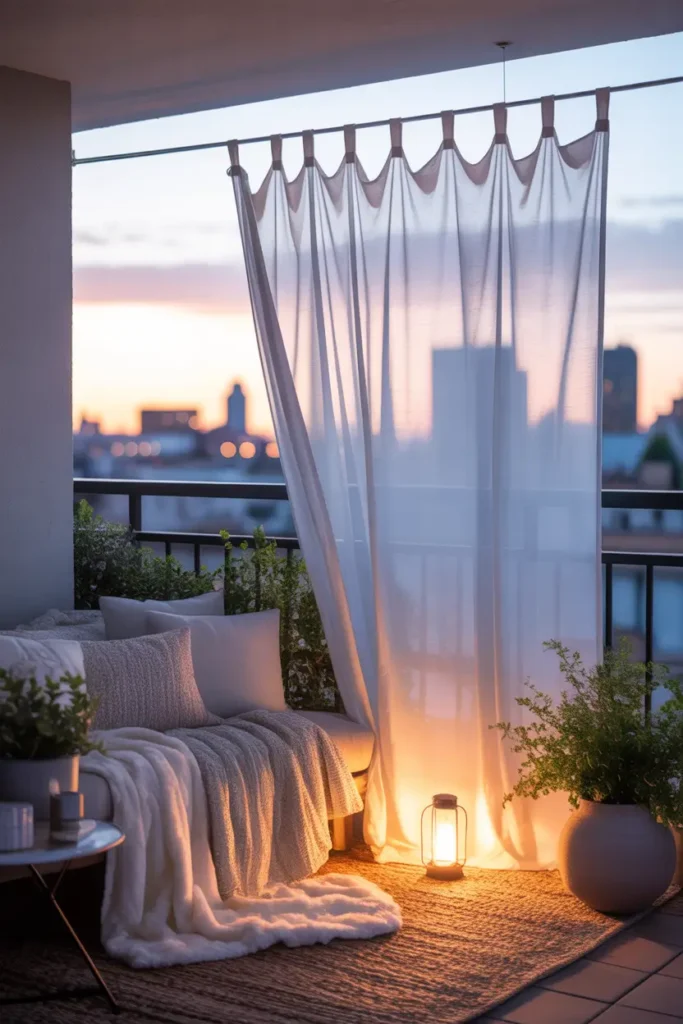 apartment balcony with sheer white outdoor curtains hanging from slim rod, soft breeze lifting fabric slightly, cozy seating with plush cushions, warm sunset glow illuminating textured rug, small lantern on side table, greenery in ceramic pots, city skyline softly blurred in background, feminine cozy atmosphere, natural light photography, relaxed lifestyle aesthetic, layered fabrics, airy romantic mood, realistic balcony styling.