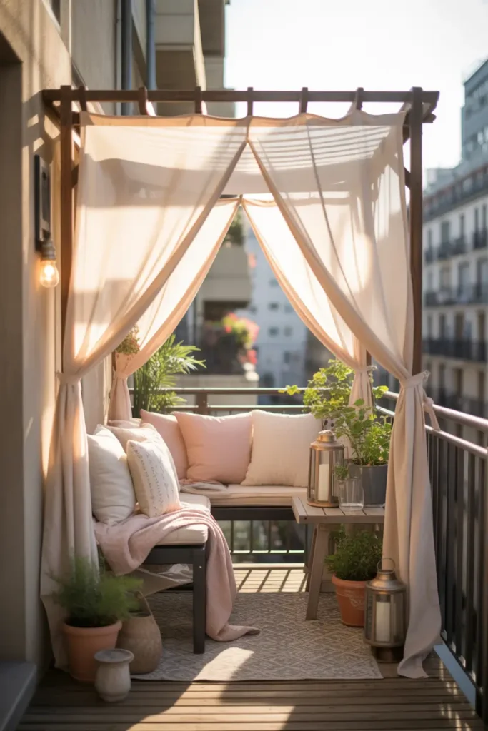 apartment balcony with simple pergola-style frame and sheer ivory fabric draped across the top, tiny balcony with cushioned bench seating, soft blush and cream pillows, lanterns, potted plants, warm sunlight glowing through fabric, textured outdoor rug, realistic balcony railing, cozy feminine styling, layered textiles, peaceful city apartment mood, natural shadows, airy and romantic small-space setup with soft elegant details