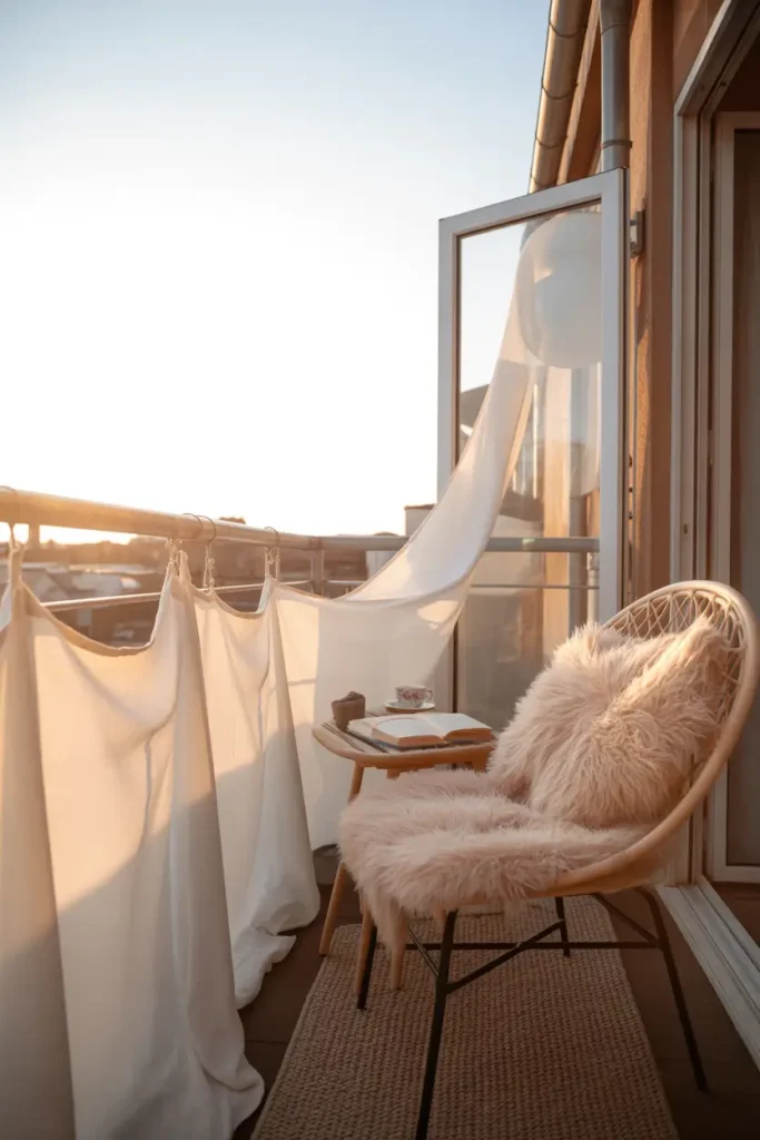 Small apartment balcony with soft sheer white fabric draped along railing, light breeze gently moving fabric, cozy rattan chair with fluffy cream cushion, tiny wooden table holding tea cup and open book, warm early morning sunlight, textured outdoor rug, peaceful Pinterest style balcony with soft neutral colors and calming atmosphere.