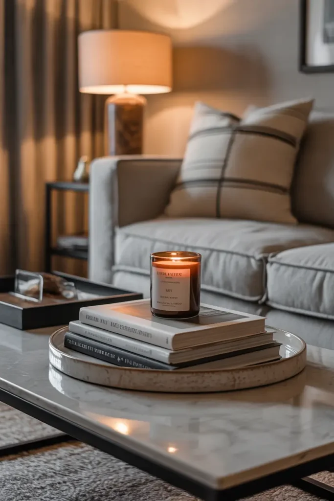 modern apartment coffee table styling with candle, stacked books, ceramic tray, warm ambient lighting, neutral sofa background, cozy masculine decor aesthetic, realistic interior photography, soft evening glow creating relaxed mood, detailed textures and shadows, inviting atmosphere showing final styling touches in modern apartment setting.