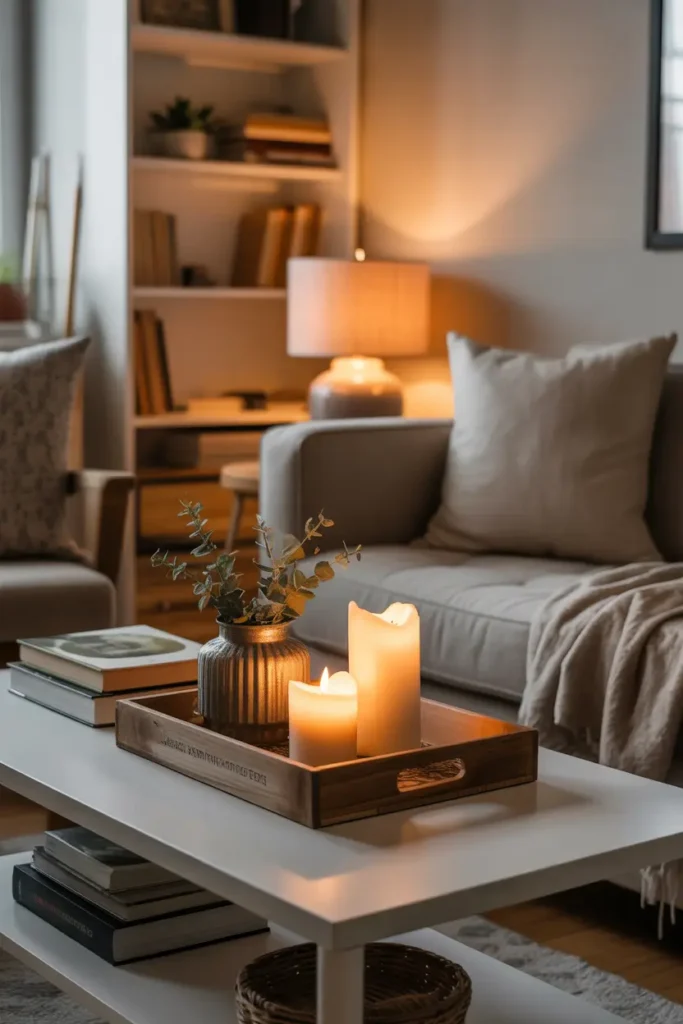 Tiny apartment coffee table styled with candles, thrifted wooden tray, stacked books, soft lamp glow nearby, neutral sofa with blanket, warm evening lighting, relaxed poor apartment aesthetic living room, gentle shadows across room, cozy lived in styling, Pinterest style interior photography with warm textures and calm atmosphere.