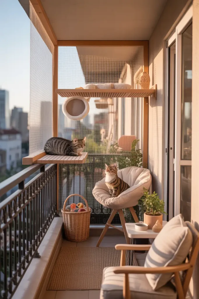 apartment balcony with a tiny catio corner made from mesh panels, wooden perch shelf, soft cat bed, toy basket, small chair for owner, woven rug, warm creamy color palette, cozy balcony decor, realistic textures and natural daylight, feminine apartment styling, safe cat friendly outdoor nook, polished small-space layout, soft shadows, peaceful city balcony setting, detailed Pinterest home photo with stylish practical pet design