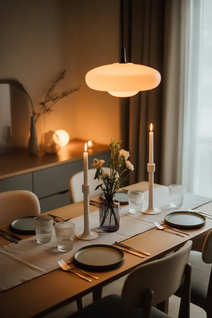 Pinterest-style apartment dining table with simple linen table runner, ceramic plates, glass candle holders, small vase with flowers, warm pendant light above table, neutral chairs, cozy evening dining atmosphere with soft golden lighting.