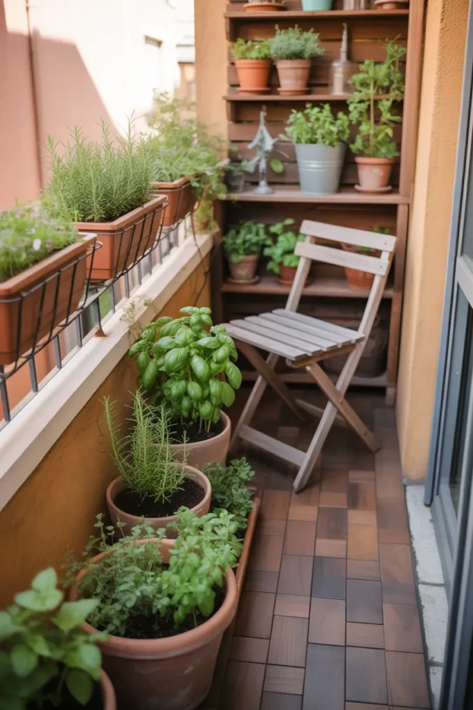 Tiny apartment balcony patio with small herb garden in terracotta pots placed along railing and wooden shelves, fresh basil, rosemary, and mint plants growing in sunlight, rustic wooden floor tiles and cozy chair nearby, warm natural lighting and earthy textures creating charming Pinterest style balcony garden scene.