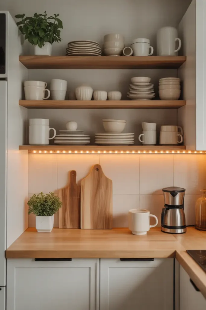 Micro studio apartment kitchen corner with slim open shelves holding ceramic bowls and mugs, compact countertop with wooden cutting board and small plant, warm under cabinet lighting glowing softly, light neutral walls and simple cabinetry creating cozy Pinterest-style tiny kitchen interior.