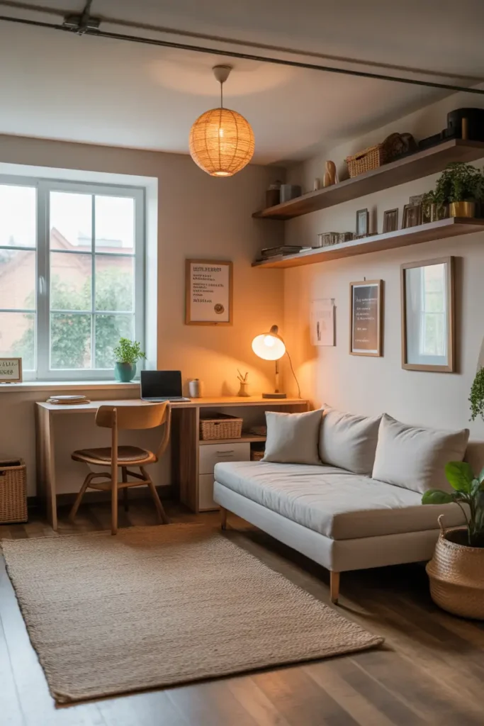 Small apartment over garage multi purpose living space with compact sofa bed, small desk corner, wooden shelves, neutral rug, warm lamp lighting, large window bringing natural daylight, Pinterest style interior photography, clean organized layout, cozy modern small apartment styling