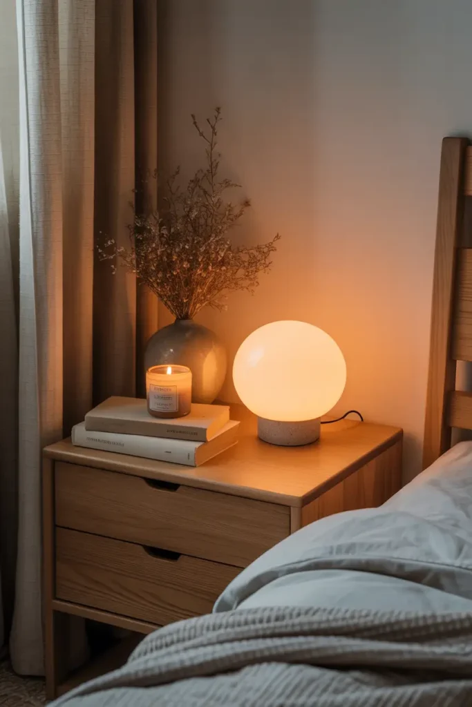 Pinterest-style cozy bedroom nightstand scene with wooden bedside table, warm table lamp glowing softly, small stack of books, ceramic candle, neutral bedding nearby, calm evening lighting, minimalist apartment bedroom styling with cozy atmosphere.