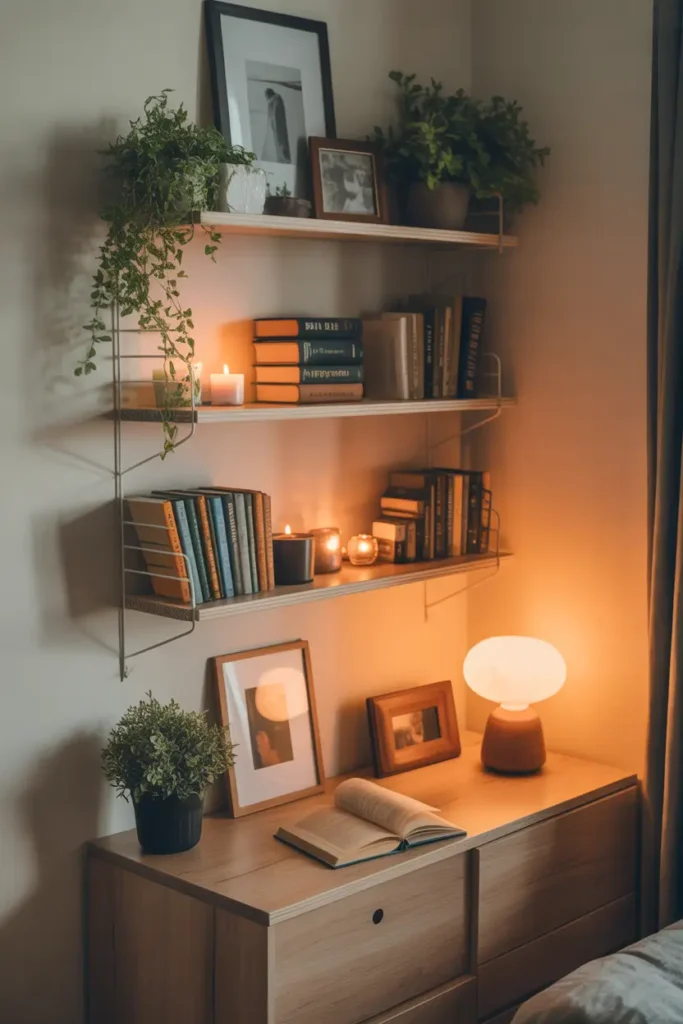 Small apartment wall with simple open wooden shelves, thrifted books, small plants, candles, framed photos, warm lamp glow nearby, relaxed poor apartment aesthetic styling, neutral wall background, cozy lived in feeling, natural wood textures, Pinterest style realistic apartment interior scene with calm lighting.