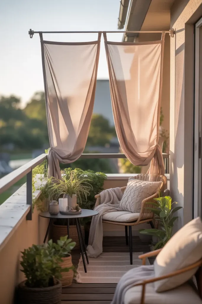 apartment balcony with tension rod shade drapes in soft beige outdoor fabric, tiny balcony with cozy chair, round side table, potted plants, textured cushion, light rug, gentle afternoon breeze moving fabric, warm filtered sunlight, realistic apartment setting, soft feminine styling, layered neutral tones, calm and cozy outdoor nook, Pinterest-worthy scene with natural textures, inviting peaceful mood and renter-friendly small-space charm