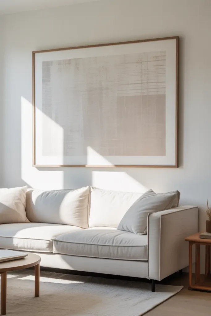 Minimalist apartment wall with large neutral abstract artwork, clean white wall background, light wood frame, modern sofa below artwork, soft natural lighting creating gentle shadows, Scandinavian interior styling, realistic Pinterest decor photography, calm airy composition with balanced spacing and cozy modern atmosphere.