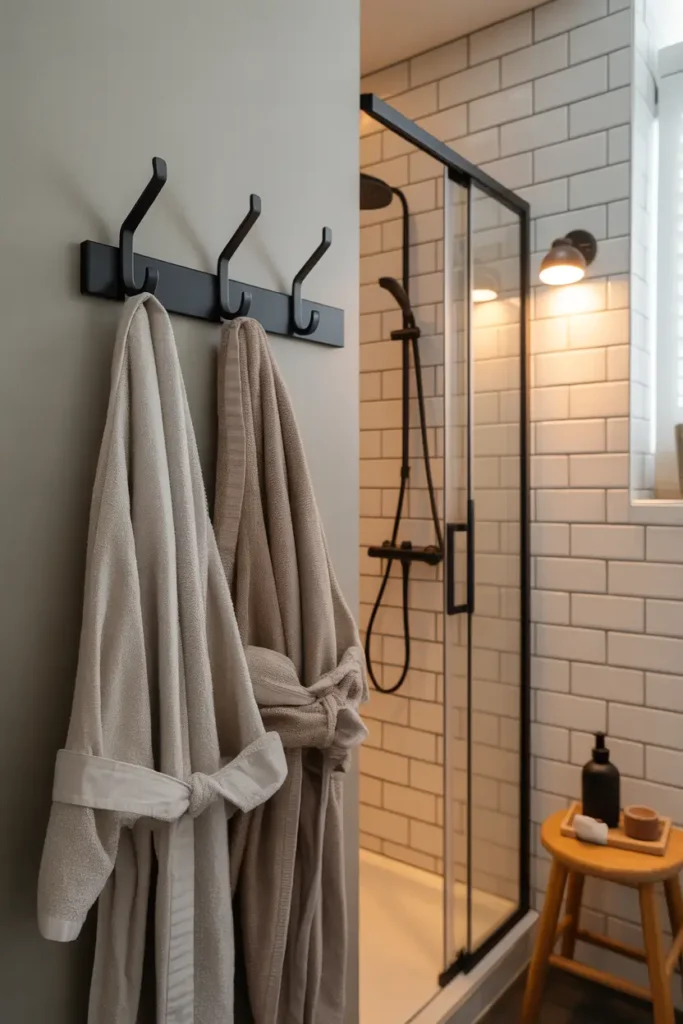 Small apartment bathroom wall with matte black hooks mounted beside a shower area. Neutral towels and soft bathrobe hang neatly from hooks. White subway tiles, warm lighting, and a small wooden stool nearby create relaxed and cozy styling. Pinterest-style bathroom scene with minimal decor and functional storage.