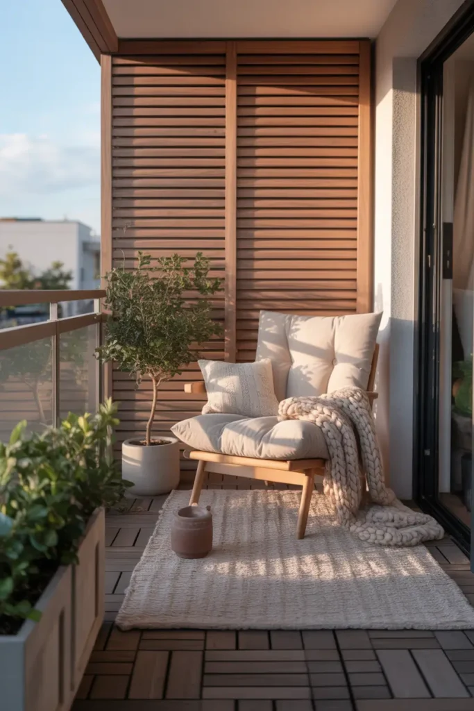 apartment balcony with warm slatted wood privacy panel, compact cream cushioned lounge chair, chunky knit throw, textured neutral rug, small ceramic planter with leafy green plant, wood deck tiles, soft afternoon sunlight, feminine and cozy styling, modern apartment setting, calm private atmosphere, layered natural textures, tasteful decor details, realistic shadows and inviting home life mood with soft warm tones and peaceful ambiance