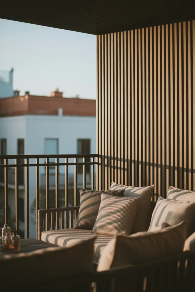 apartment balcony featuring vertical slatted wood privacy wall, warm evening sunlight filtering through wooden slats casting soft lines across neutral seating, cozy textured cushions, modern small table, soft city background blur, lifestyle photography aesthetic, warm tones, calm modern atmosphere, inviting cozy balcony styling with balanced natural light.