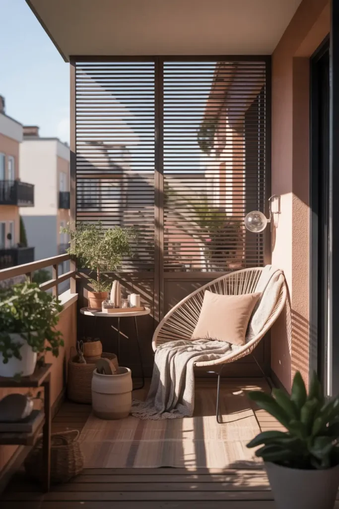 small apartment balcony with vertical slatted wood shade screen casting soft striped shadows, cozy lounge chair with neutral cushion, light throw blanket, round side table, ceramic planter pots, warm wood textures, soft afternoon sun, apartment railing, realistic outdoor materials, cozy and feminine styling, Pinterest-worthy small-space design, natural layered textures, calm and welcoming balcony scene with warm lighting and a relaxed modern feel