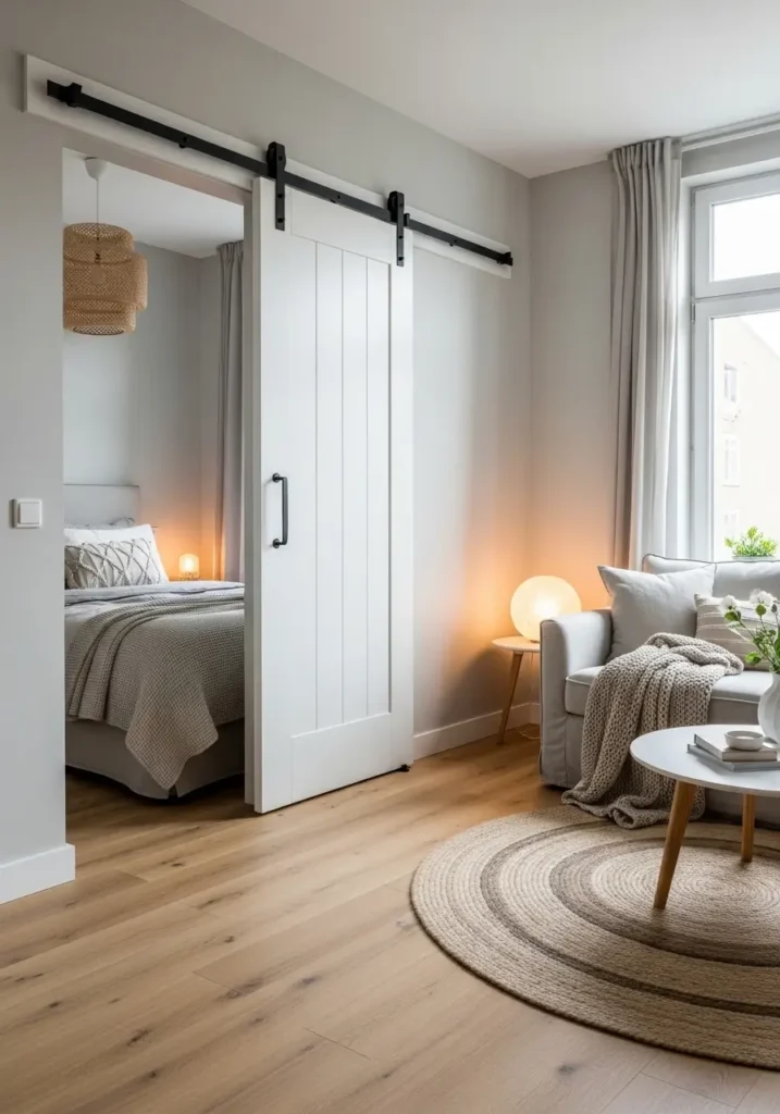 Soft modern studio apartment with white sliding barn door divider separating sleeping corner from cozy lounge space, light oak floor, neutral linen sofa with knit throw, small round coffee table, layered beige rug, bed with textured bedding behind partially open barn door, warm lamp glow, natural sunlight from tall window, Pinterest style apartment interior with calm tones and relaxed cozy atmosphere.
