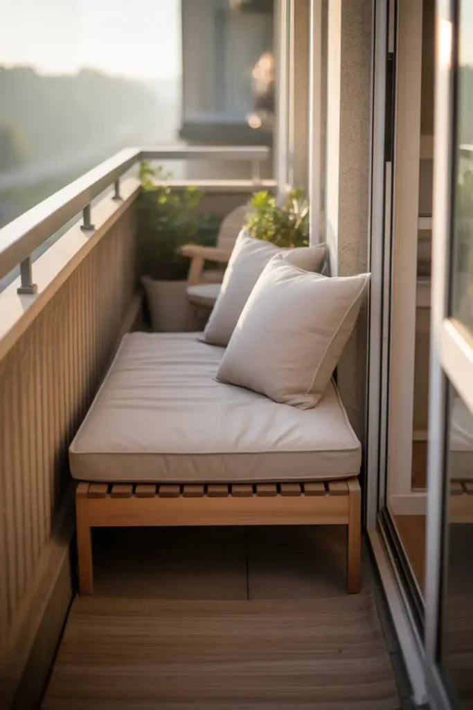 Narrow apartment balcony with slim wooden bench against railing, soft cream cushion and small pillows on bench, potted plants placed beside seating, warm morning sunlight entering balcony space, light wooden floor texture, soft neutral color palette, peaceful, cozy balcony scene, realistic Pinterest style photography with gentle natural lighting and relaxed atmosphere.