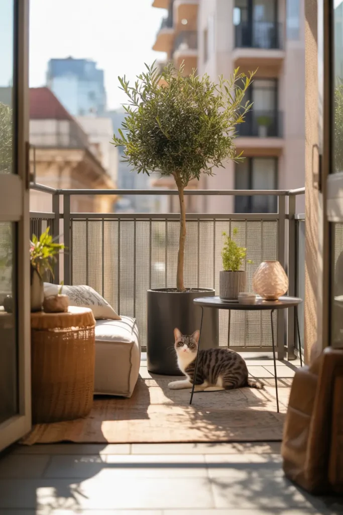 apartment balcony with secure cat proof screen, slim olive tree in tall planter, cozy lounge cushion, small textured side table, soft woven rug, warm sunlight pouring across floor, elegant feminine decor, realistic city apartment setting, calm pet-friendly balcony design, layered neutral tones, soft shadows, detailed natural textures, stylish tiny outdoor retreat, cozy safe cat lounging area, polished home photography with warm inviting Pinterest atmosphere.
