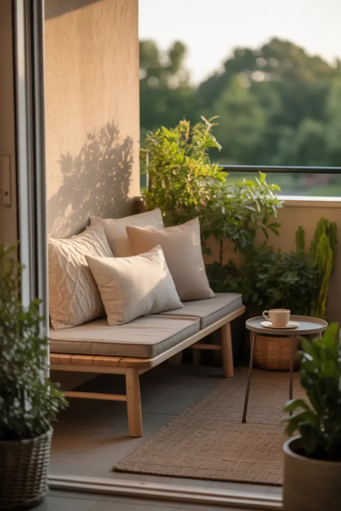 Small apartment balcony styled with slim light wood bench against wall, soft neutral throw pillows arranged on bench, tiny round side table nearby with coffee cup, warm afternoon sunlight, potted greenery surrounding seating area, cozy minimalist patio styling with natural textures and relaxed mood.