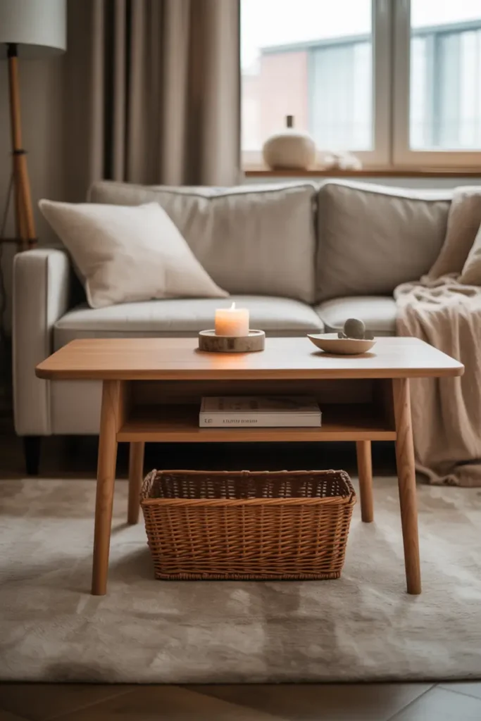 Small apartment living room featuring slim wooden coffee table with hidden storage drawer, warm oak finish, neutral sofa behind it, woven basket underneath table, soft beige rug, minimal decor like candle and small ceramic bowl, bright daylight entering through window, cozy modern interior styling, realistic textures, Pinterest aesthetic with balanced lighting and inviting mood.