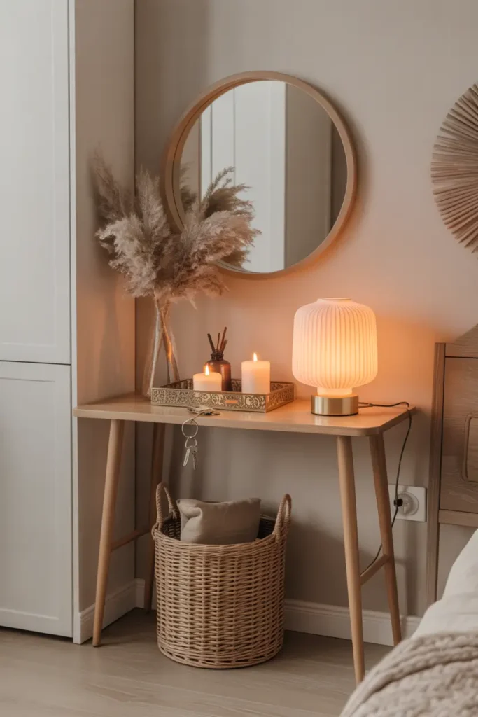 Elegant studio apartment entry corner with slim wooden console table against light wall, small mirror above table, delicate lamp glowing softly, decorative tray with keys and candles, woven basket underneath, light wood floor and neutral decor tones, Pinterest-inspired small apartment entry styling with warm welcoming mood.