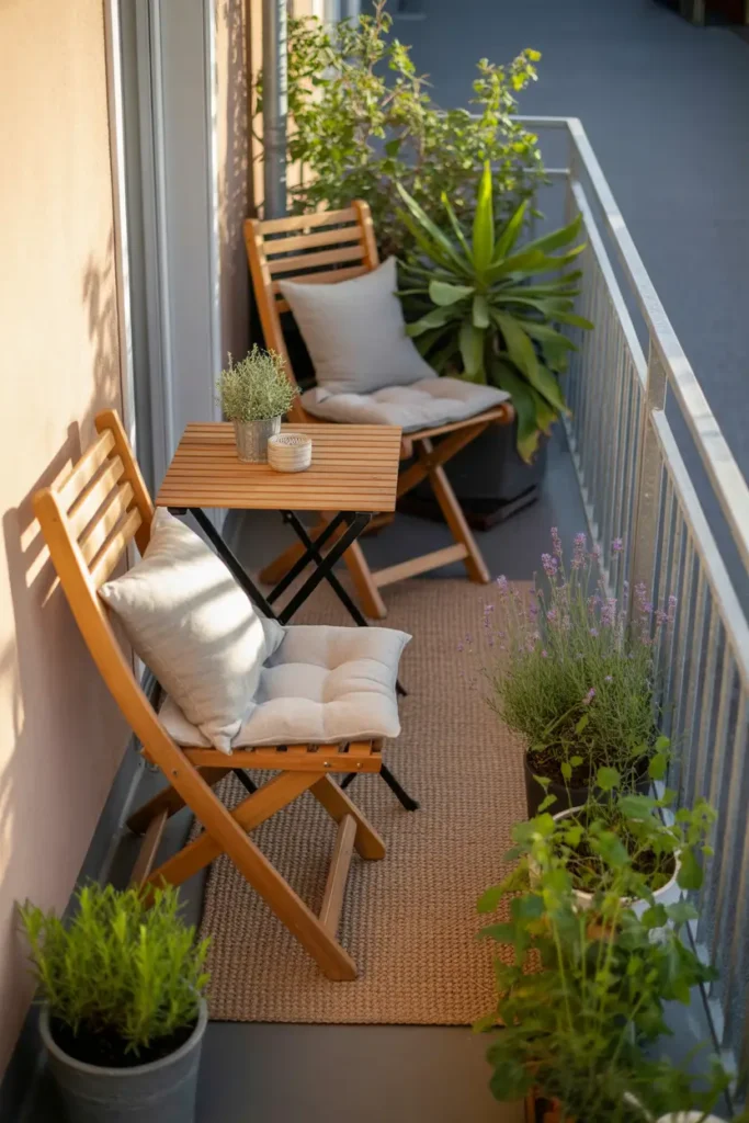 Tiny apartment balcony with slim wooden folding chairs and compact folding table placed near metal railing, neutral outdoor rug under furniture, soft linen cushions on chairs, potted lavender and small leafy plants arranged along balcony edges, warm afternoon sunlight casting gentle shadows, relaxed cozy atmosphere with natural textures and Pinterest style balcony photography.