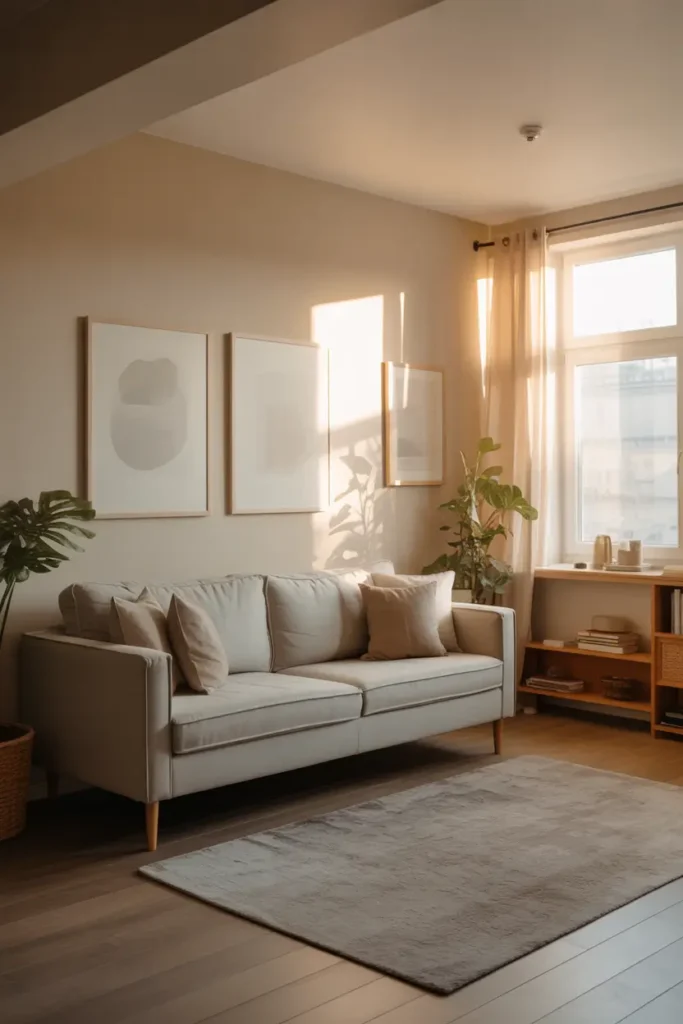 Small apartment living room with slim sofa on raised wooden legs, light neutral rug, airy layout, warm daylight streaming through window, minimalist decor styling, cozy textures,