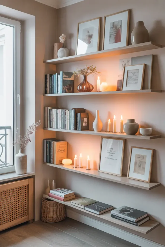 Small Parisian apartment wall with slim open wooden shelves holding books, ceramic vases, framed art prints, soft candle holders, pale neutral wall tones, cozy interior styling, warm natural light from nearby window, light wood flooring, feminine relaxed Paris apartment aesthetic captured in realistic Pinterest style photography.