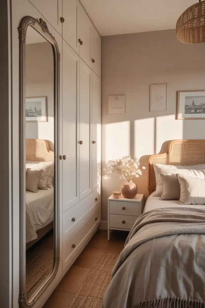 Tiny Parisian bedroom with slim wardrobe, vintage mirror door, light linen bedding, delicate brass handles on wardrobe, warm natural sunlight through window, soft neutral palette and feminine Paris apartment styling captured in Pinterest photography.