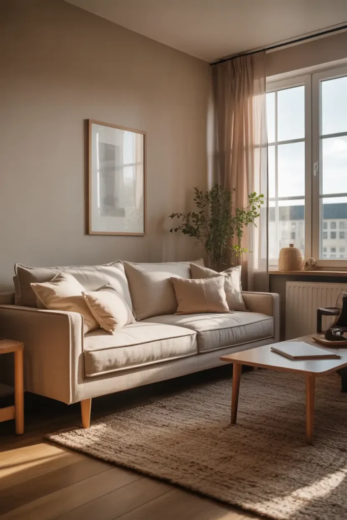 Small apartment living room styled for Pinterest featuring a slim modern sofa with raised wooden legs, neutral linen upholstery, soft layered cushions, natural daylight entering through large window with sheer curtains, cozy textured rug, minimal coffee table, airy Scandinavian-inspired design, warm beige palette, realistic photography capturing spacious feeling despite compact layout, calm and inviting atmosphere.