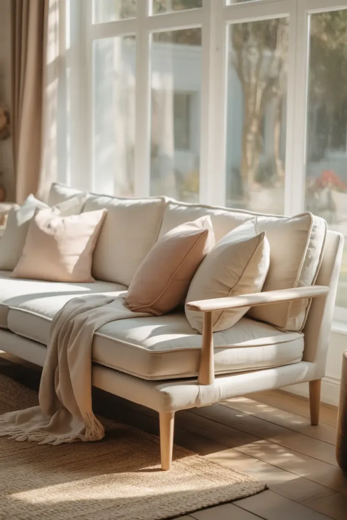 Small apartment living room featuring slim modern sofa with light linen upholstery, narrow arms and raised wooden legs, layered soft pillows in neutral shades, round coffee table, warm sunlight through window, cozy rug underneath, minimalist decor styling, natural textures, soft ambient lighting, Pinterest-style apartment interior photography, calm and elegant small living space with airy furniture layout.