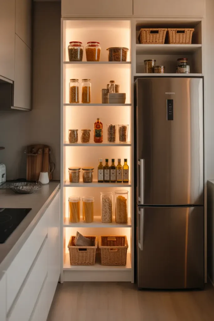 Tall narrow pantry shelving unit tucked beside refrigerator, filled with glass jars, olive oil bottles, pasta containers, and woven baskets, soft warm lighting illuminating white shelves, modern cozy kitchen design with light wood flooring and neutral textures, Pinterest-style small pantry storage scene with calm minimalist organization.