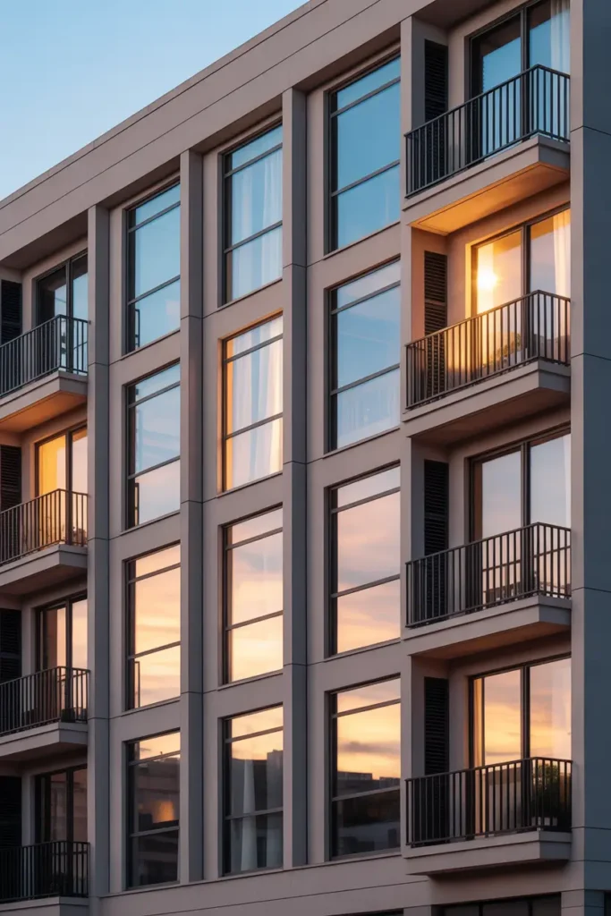 Contemporary apartment facade featuring tall slim vertical windows arranged evenly across smooth neutral walls, modern balcony railings, warm evening lights glowing through glass, elegant architectural symmetry photographed in realistic Pinterest style with soft city background and calm urban ambiance.
