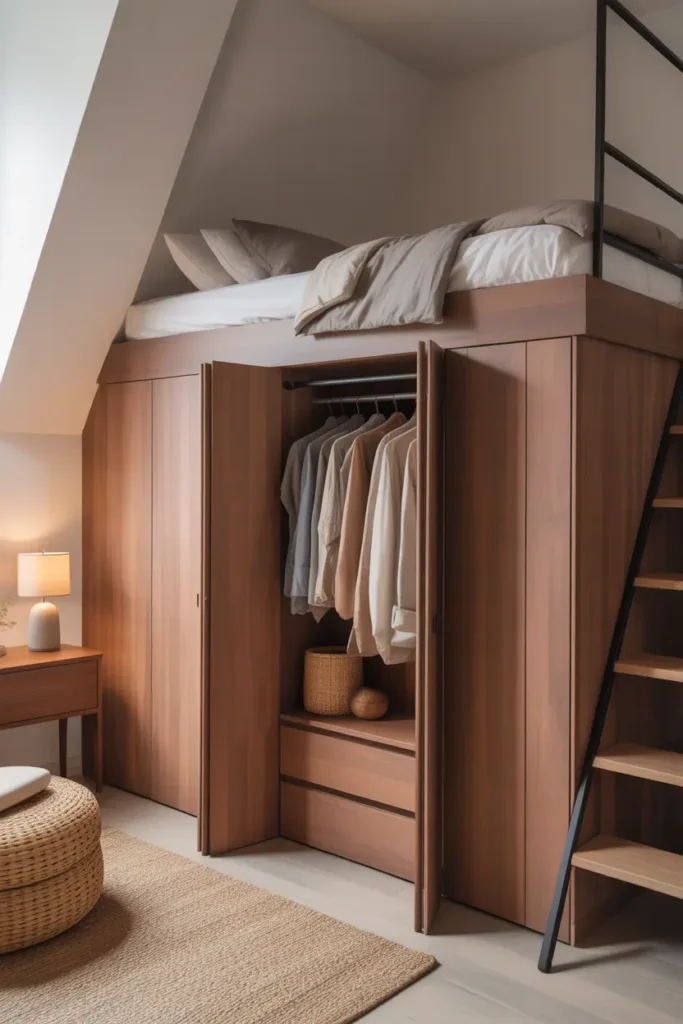 Small loft apartment bedroom area with slim wardrobe tucked neatly beneath loft bed, warm wood closet doors, neutral bedding above, soft lighting, minimal decor, woven rug, cozy textures, tall ceiling loft structure, Pinterest style realistic interior photography showing smart bedroom storage in compact loft apartment.