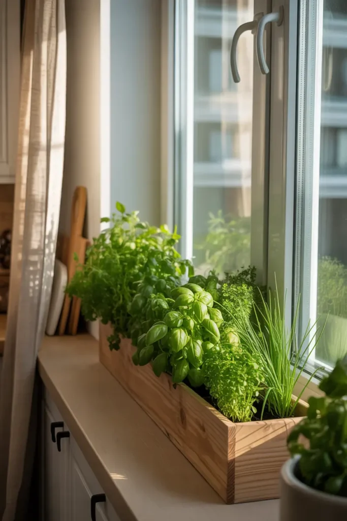 Bright apartment window with long narrow wooden window box filled with fresh herbs like parsley, basil, and chives, sunlight pouring across green leaves, modern cozy kitchen with white cabinets and light wood counters, soft linen curtain beside the window, realistic Pinterest interior scene with natural textures and warm light.