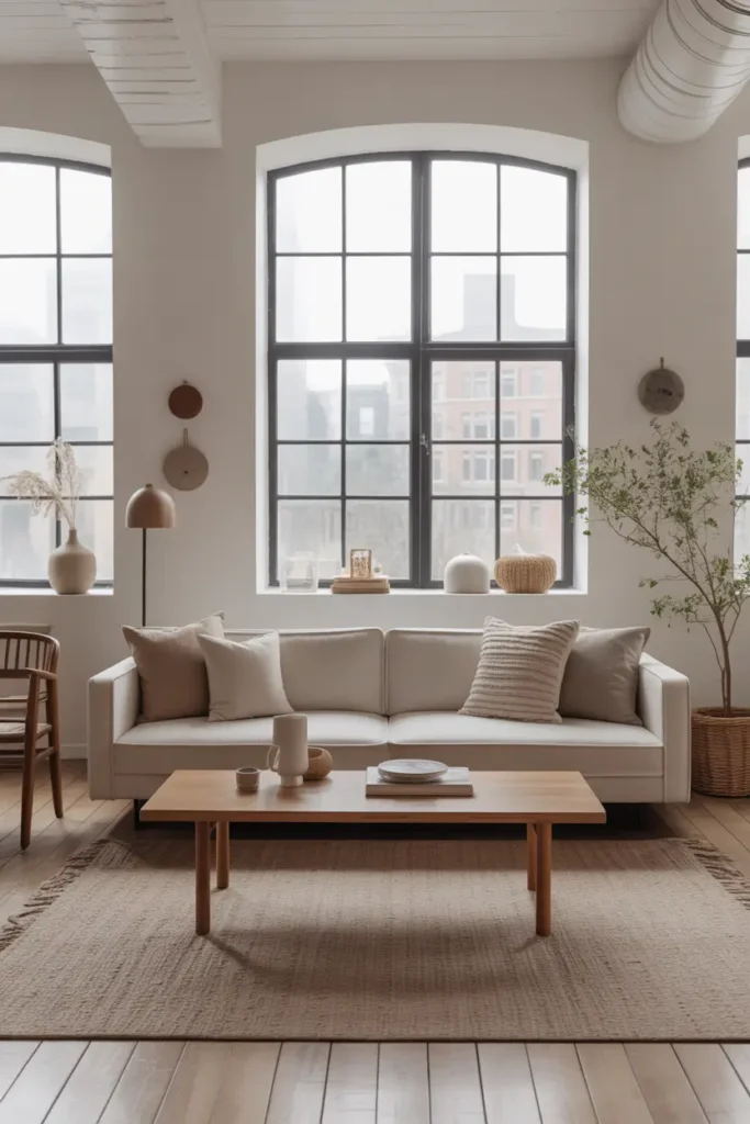 Modern loft apartment living room with slim profile sofa, narrow coffee table, light wood floors, airy layout, neutral decor, textured cushions, tall windows, Pinterest style interior photography with soft daylight and minimal cozy styling.