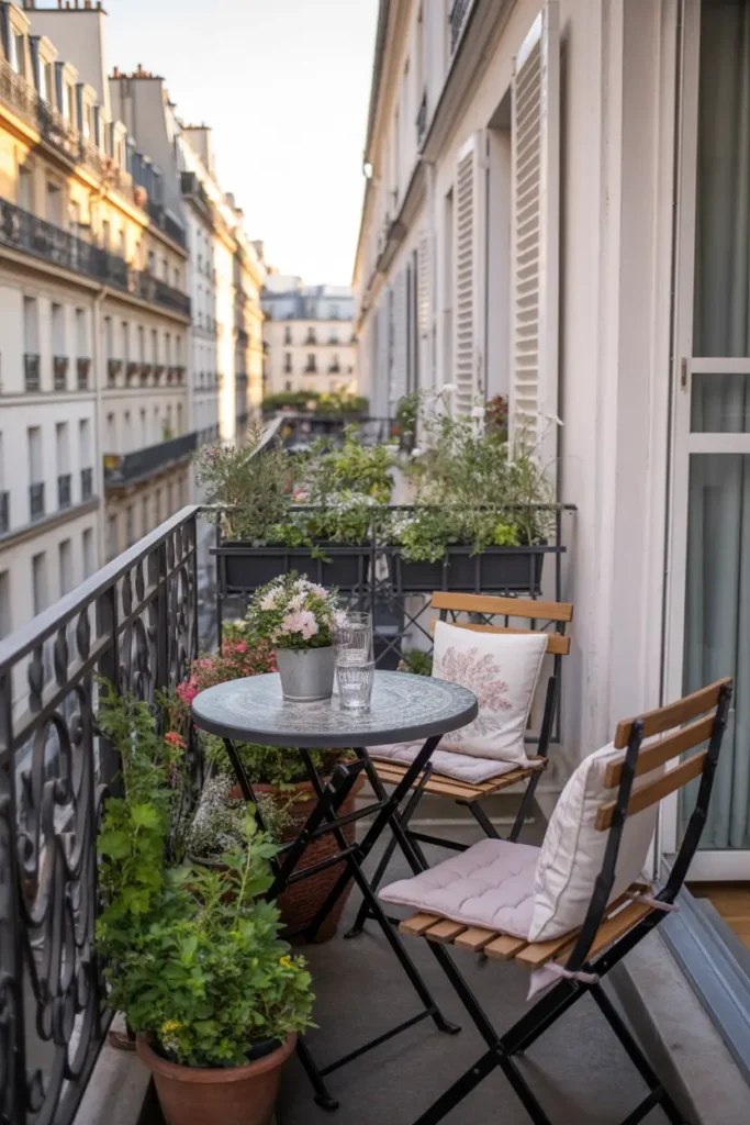 Tiny Parisian apartment balcony with delicate iron railing, small round café table and two chairs, potted flowers and greenery, warm evening sunlight glowing on nearby buildings, cozy cushions on chairs, soft romantic outdoor corner, Pinterest style photography capturing charming Paris apartment balcony atmosphere.
