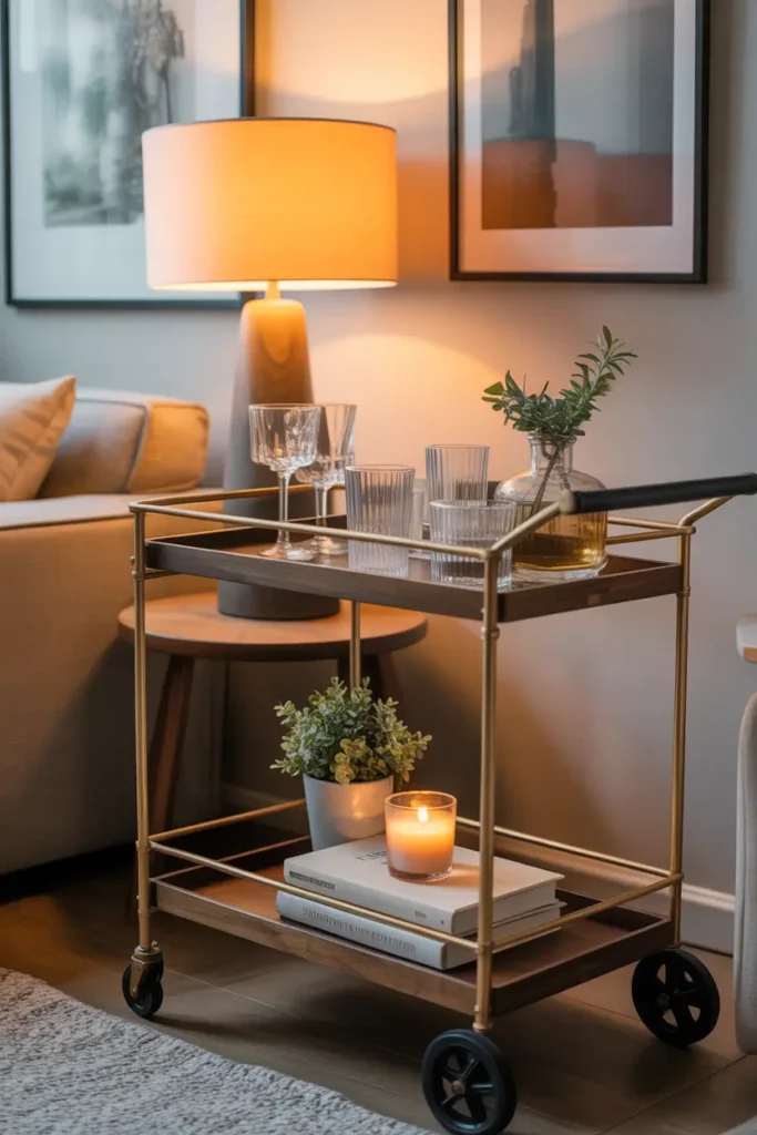 Pinterest-style apartment bar cart styled with glassware, small plant, candle, and stacked books, gold or wooden cart frame, warm lamp lighting nearby, cozy living room setting with neutral tones and stylish relaxed atmosphere.