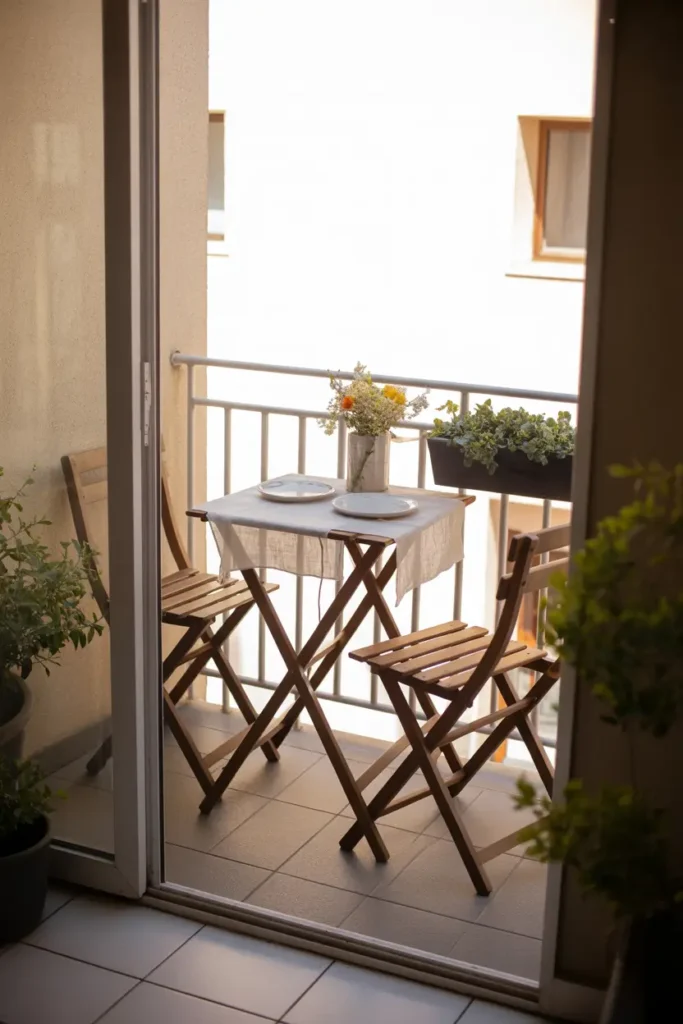 Narrow apartment balcony styled with compact white bistro table and two folding chairs, tiny outdoor patio scene with fresh flowers in small vase, soft linen table runner, sunlight pouring through balcony railing, neutral floor tiles and soft greenery around edges, cozy brunch style balcony atmosphere photographed in natural Pinterest style lighting.
