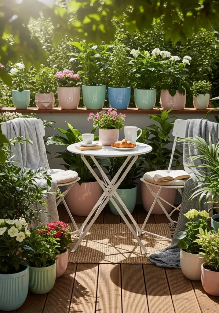 Charming apartment patio with a small white bistro table and two delicate chairs surrounded by potted plants, soft sunlight falling across green leaves, ceramic pots in soft pastel colors, wooden deck floor, relaxed feminine patio styling perfect for morning coffee with cozy garden atmosphere.