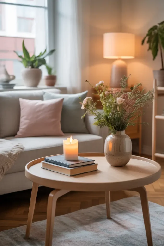 Tiny apartment living room with small round coffee table styled with candle, book stack, ceramic vase with flowers, soft rug below table, cozy sofa nearby with pastel pillows, warm daylight creating relaxed Pinterest interior scene