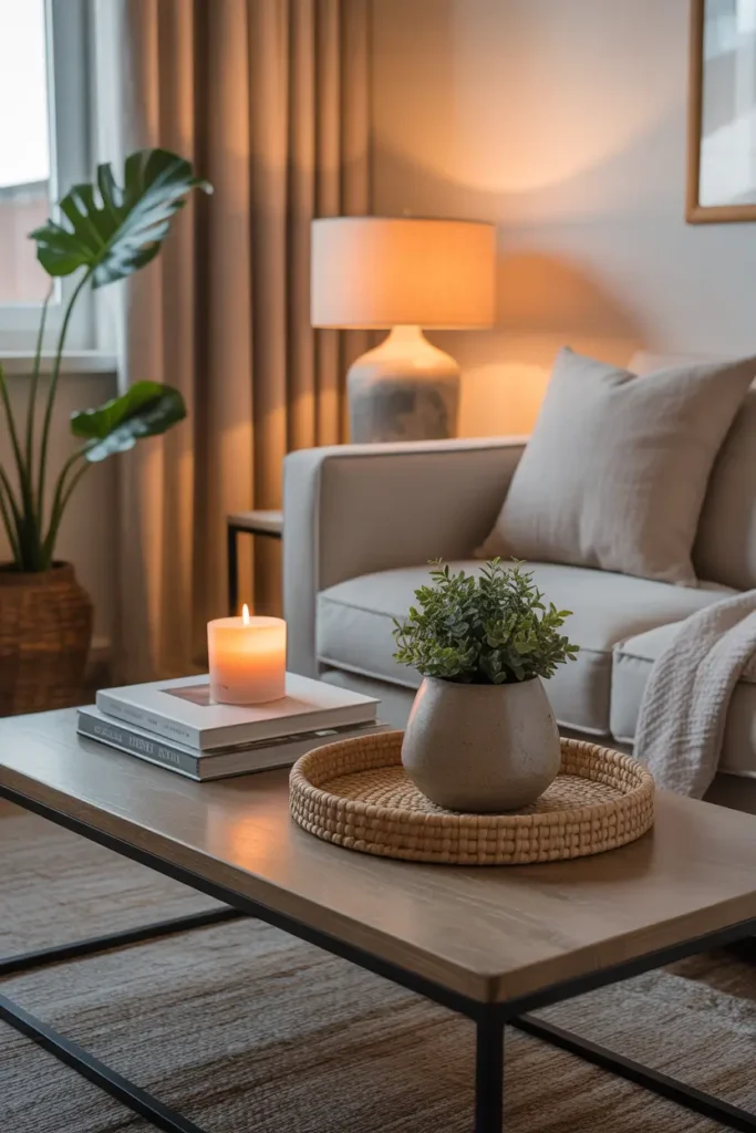 Pinterest-style apartment living room coffee table styled with stacked books, ceramic candle, small plant, textured tray, soft sofa nearby, warm evening lamp lighting, cozy relaxed interior styling with neutral colors and natural textures.