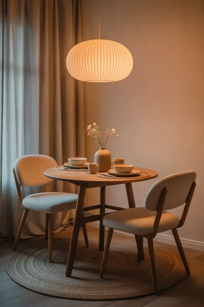 Cozy Pinterest-style apartment dining nook with round wooden table, two soft fabric chairs, warm pendant light above table, neutral walls, simple ceramic dishes, small vase with flowers, woven rug underneath, evening golden lighting, intimate and stylish small apartment dining space.