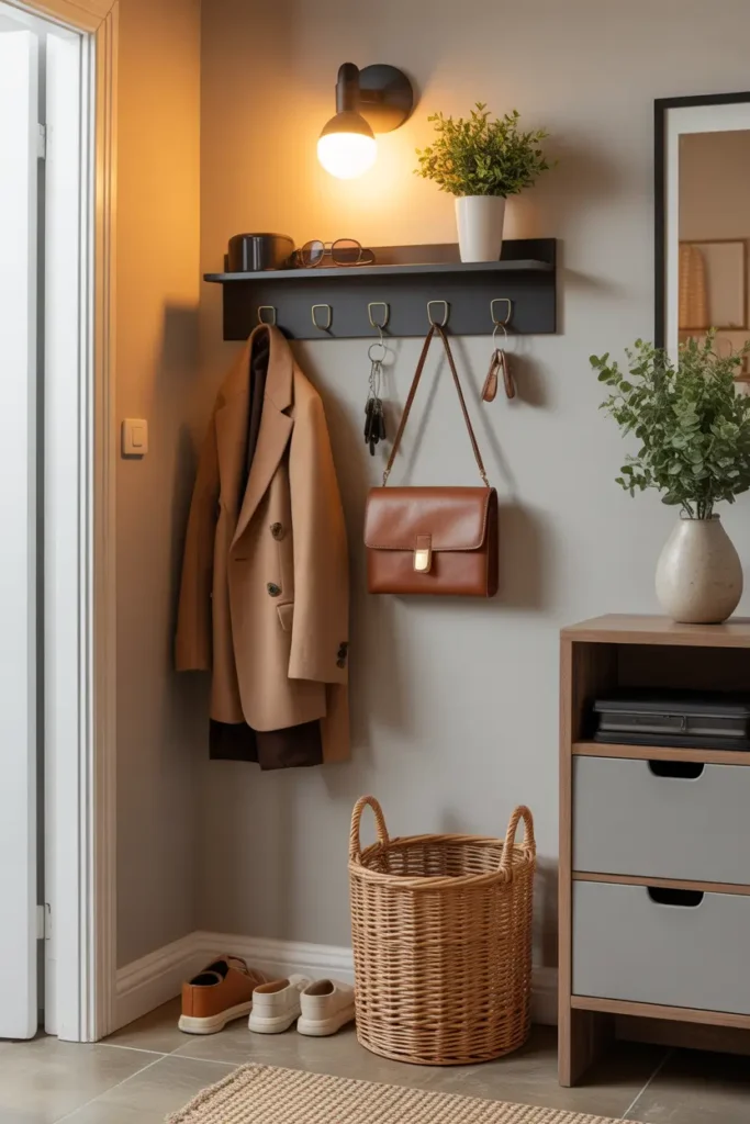 Small apartment entryway featuring slim wall-mounted organizer with hooks for coats and bags, small shelf holding keys and sunglasses, woven basket for shoes below, warm lighting, neutral wall colors, cozy realistic Pinterest-style apartment entry corner.