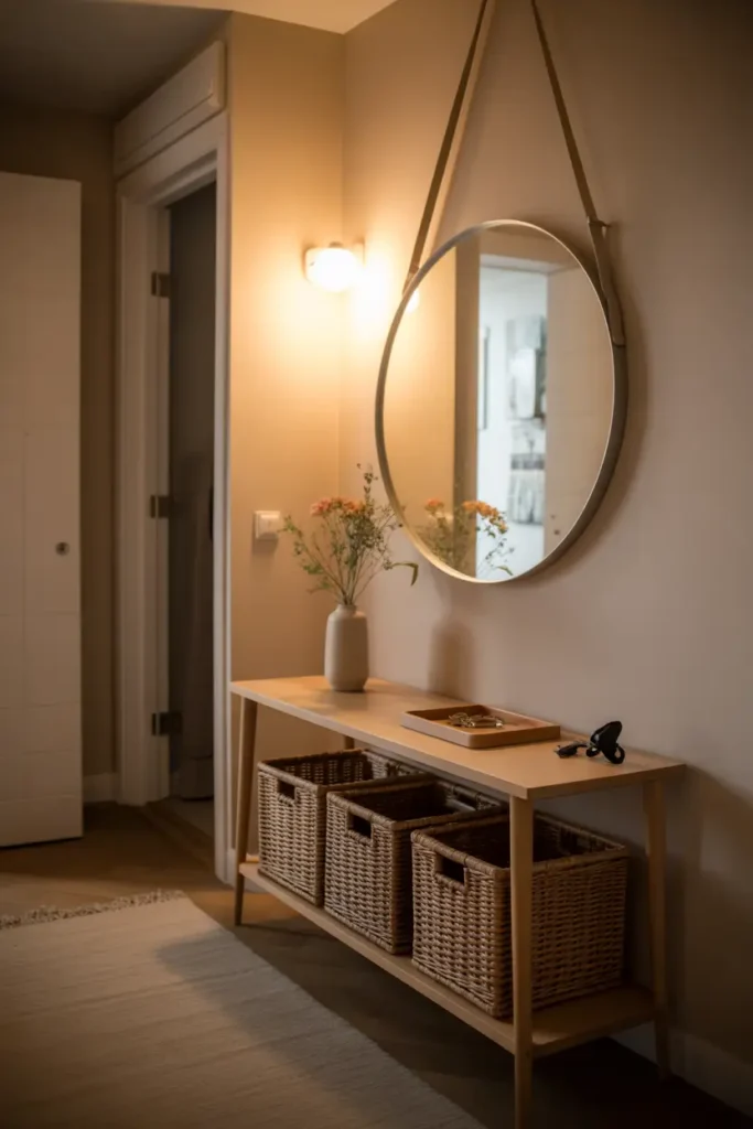 Cozy apartment entryway styled for Pinterest, narrow wooden console table, woven storage baskets underneath, round mirror on wall, small ceramic tray for keys, soft wall light creating warm glow, neutral rug runner, fresh flowers in simple vase, light beige walls, welcoming atmosphere with soft evening lighting.