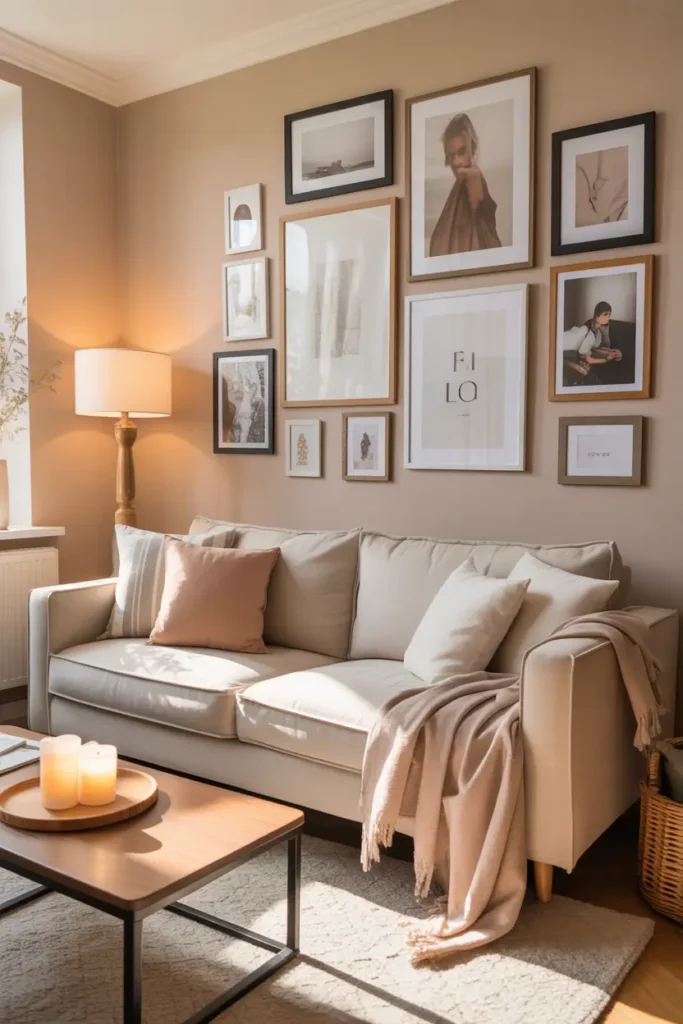 Small apartment living room with stylish gallery wall above neutral sofa, collection of minimalist framed art prints and photos, soft beige wall color, cozy pillows and throw blanket on sofa, wooden coffee table with candle decor, warm natural sunlight, Pinterest-style apartment interior photography with calm feminine aesthetic.