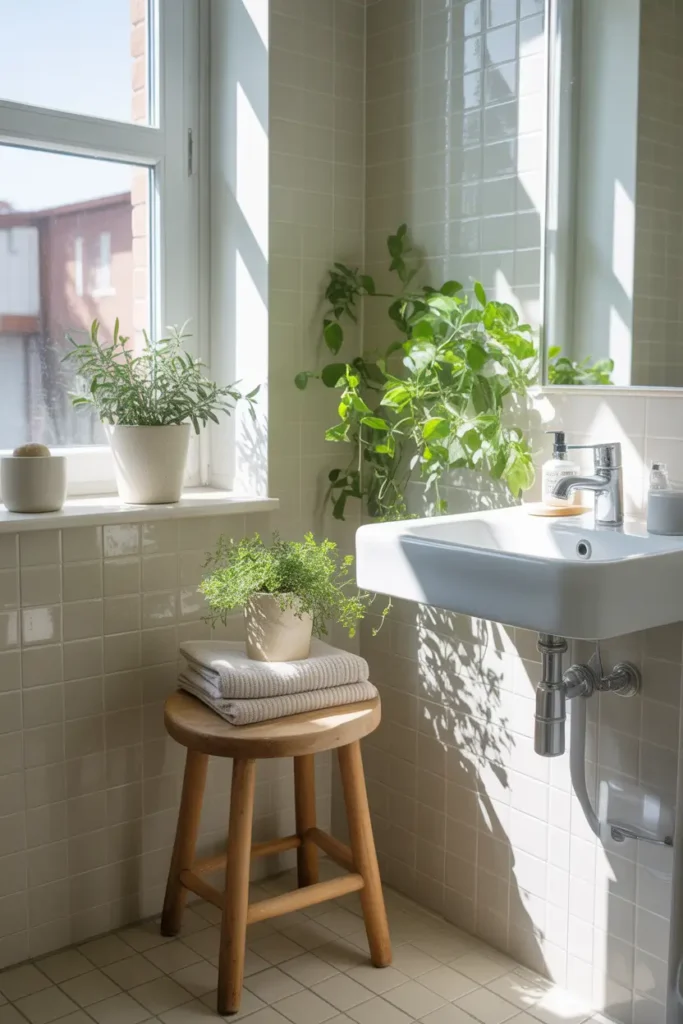 Bright apartment bathroom with small leafy plants placed near a window and beside the sink. White ceramic pots hold greenery while sunlight creates soft shadows across pale tiles. Light wood stool holds folded towels and plant pot, giving natural spa-like styling. Fresh green leaves add life and warmth to a calm neutral apartment bathroom.