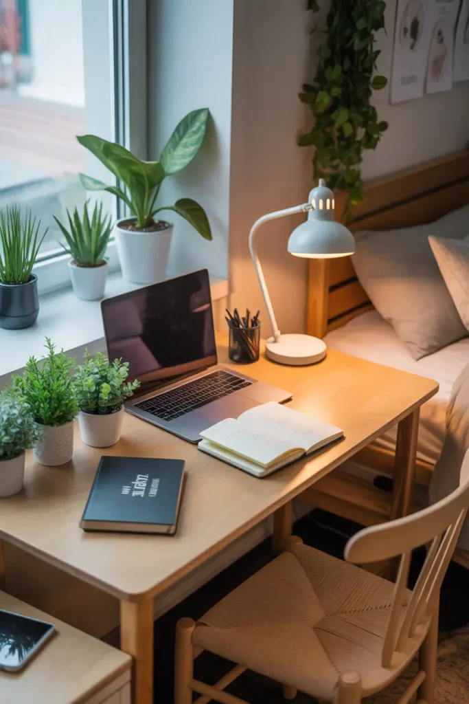 Dorm desk styled with small potted plants, natural wooden desk, soft desk lamp, laptop and open notebook placed neatly, window light shining on greenery, cozy bed with neutral bedding nearby, calm Pinterest style dorm room atmosphere filled with soft textures and fresh natural details.